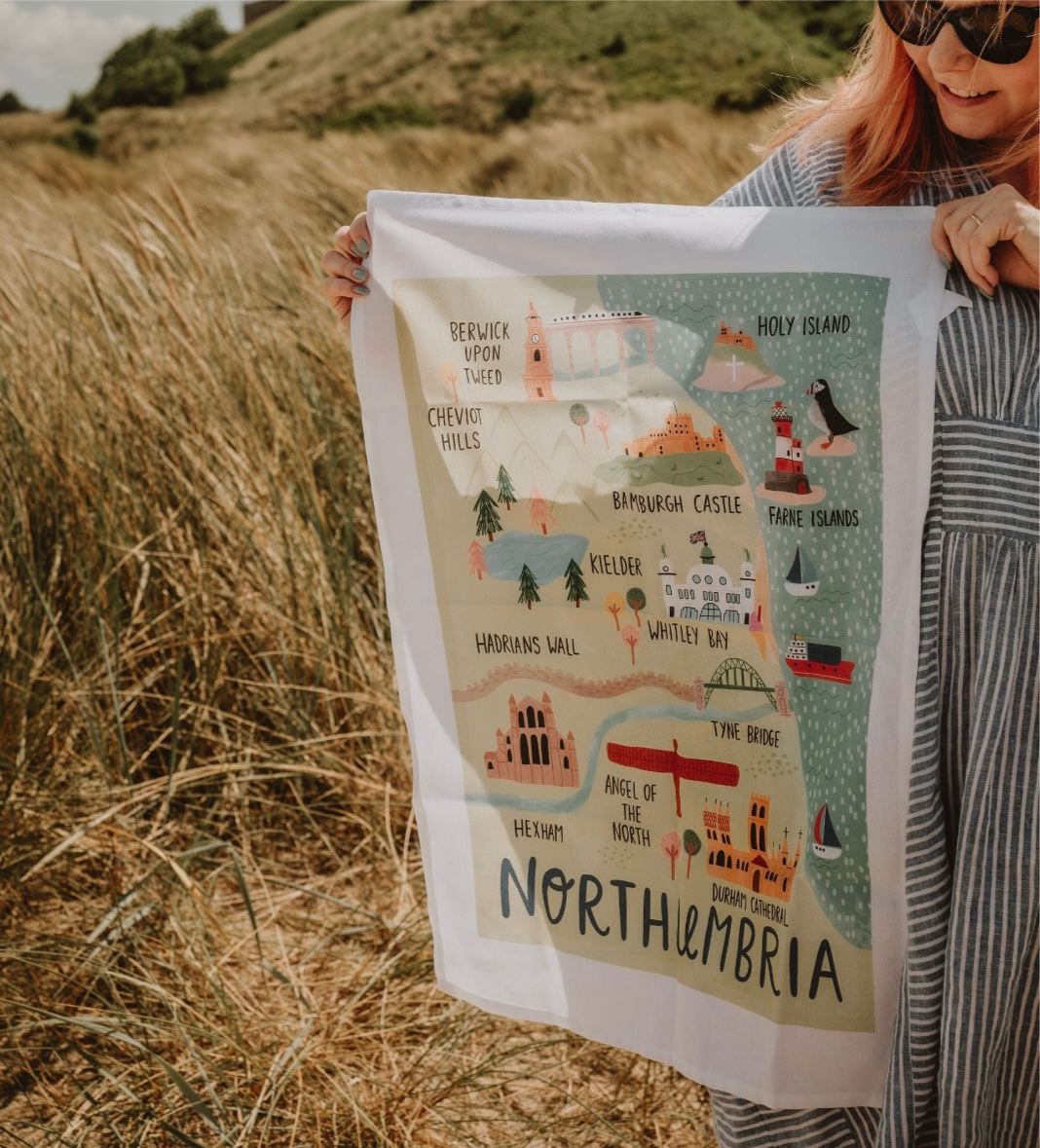 Northumbria Map Organic Cotton Tea Towel