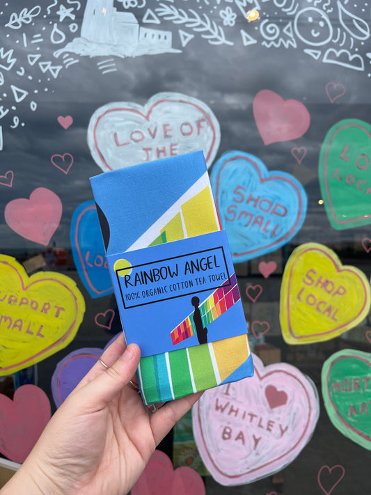 Rainbow Angel of the North Tea Towel: 100% Organic Cotton
