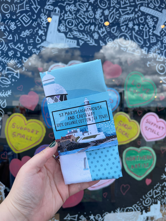 St Mary’s Lighthouse and Causeway Tea Towel: 100% Organic Cotton