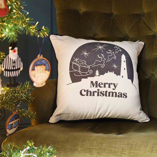 St Mary’s Lighthouse at Christmas Eco Cushion - For The Love Of The North