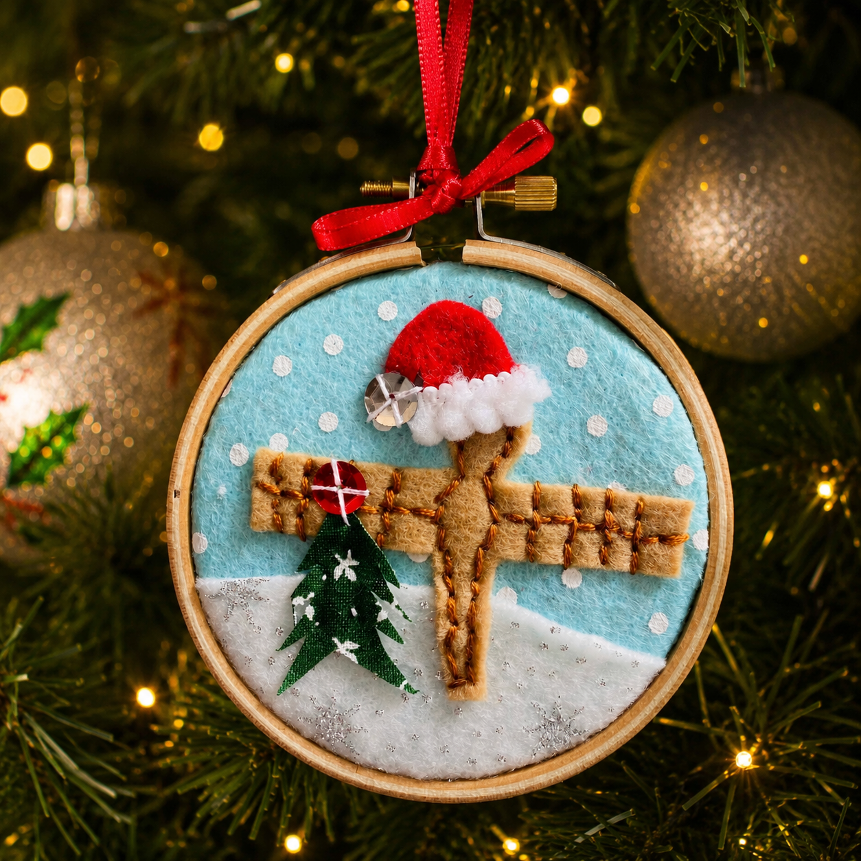 Decorative Christmas ornament with the Angel of the North and Santa hat on a Christmas tree.