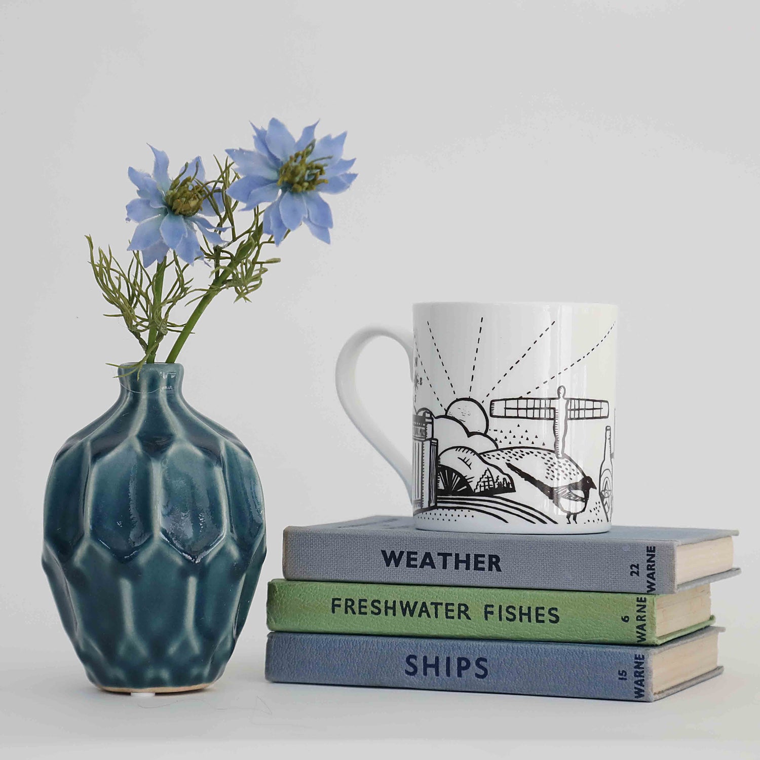 A white china mug with illustrations of iconic landmarks in Newcastle upon Tyne, placed on a stack of books titled 'Weather', 'Freshwater Fishes', and 'Ships'. There is also a blue vase with flowers next to the books.