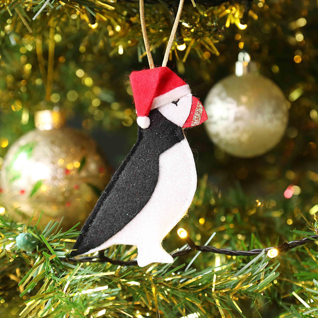 Puffin with Santa Hat Felt Christmas Decoration