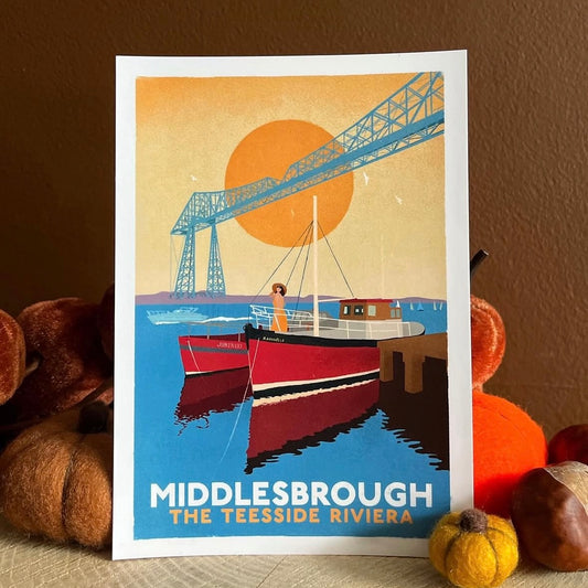 Poster of Middlesbrough with a crane and boats on a brown background