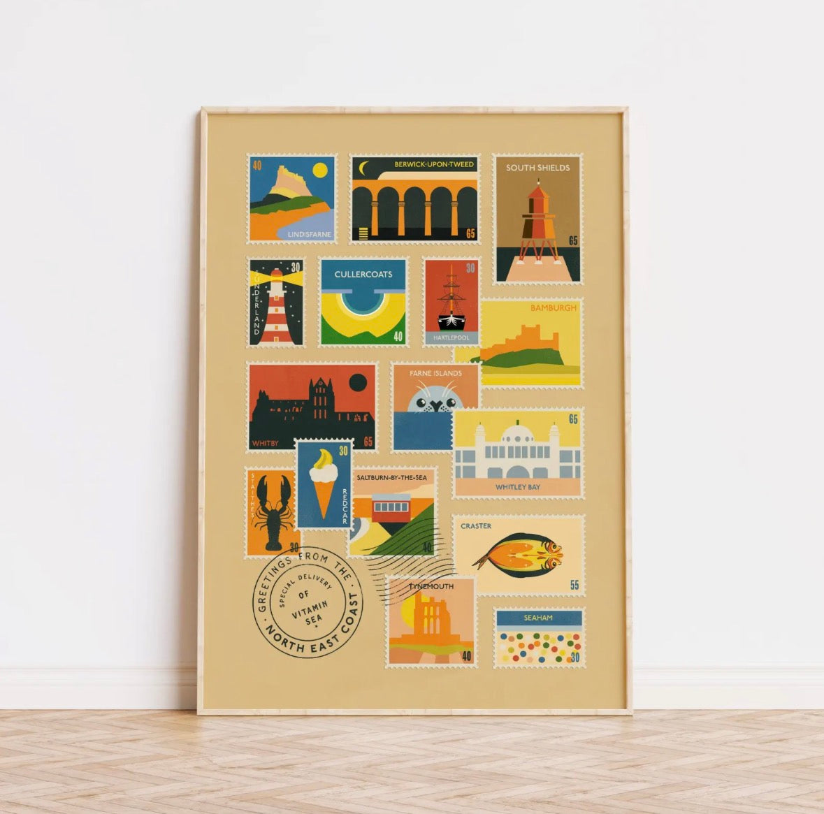 Framed artwork with colorful illustrations on a beige background