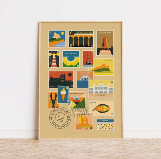 Framed artwork with colorful illustrations on a beige background