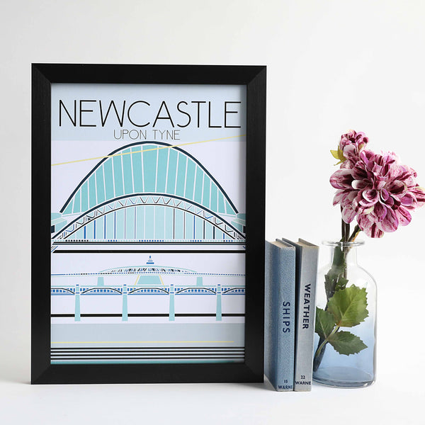 Framed print showing bridges over the River Tyne  including the Tyne Bridge.